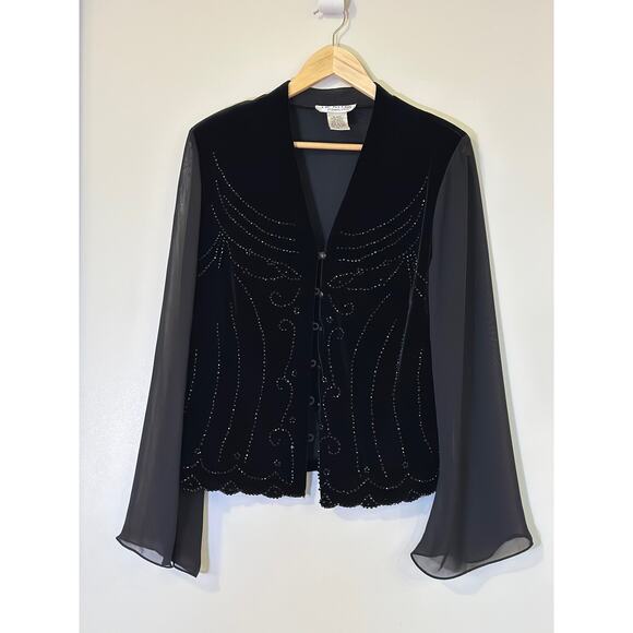 Vintage Y2K JR Nites by Carol Lin Size 14 Black Embellished Sheer Sleeve Blouse - Picture 1 of 9
